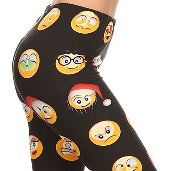 Black Emoji Pattern Leggings Stretchy Fun - Picture 3 of 3